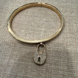 Michael Kors Gold Tone Crystal Padlock Charm Bangle Bracelet Womens Hinged